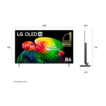 LG OLED AI B6 shown in front and side views highlights a 65-inch display with a 1449 mm-wide screen, an overall height of 832 mm, and an ultra-slim 45.9 mm depth without a stand.