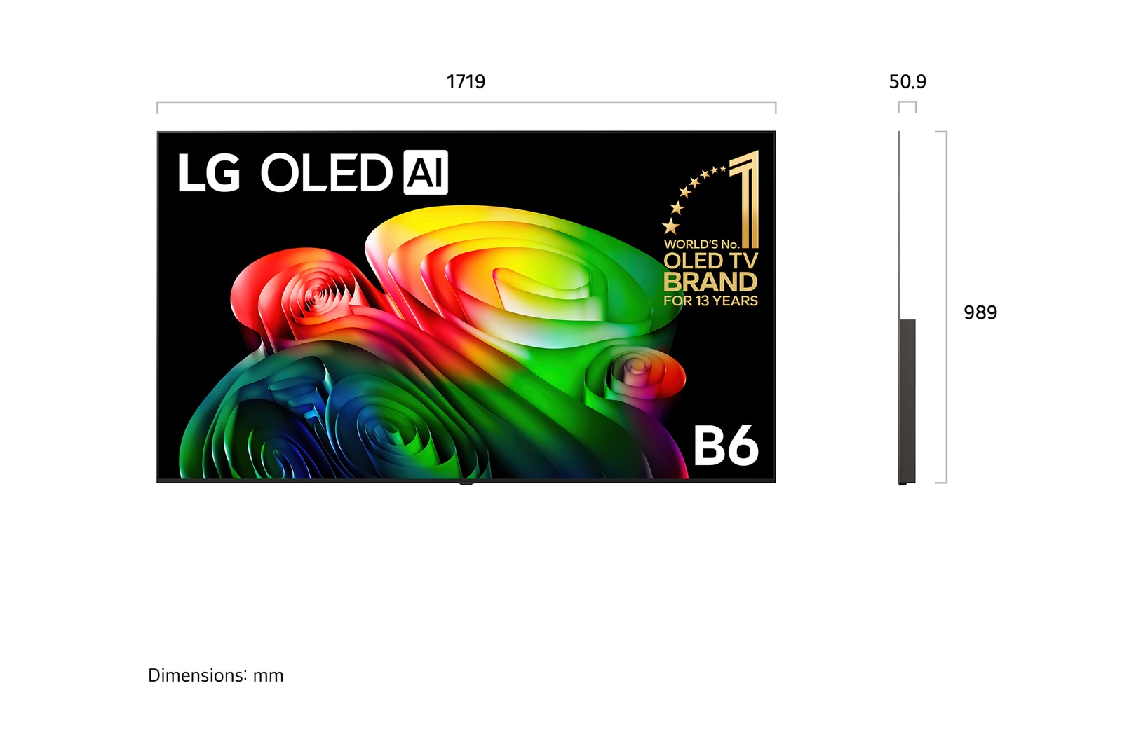 LG OLED AI B6 shown in front and side views highlights a 65-inch display with a 1449 mm-wide screen, an overall height of 832 mm, and an ultra-slim 45.9 mm depth without a stand.