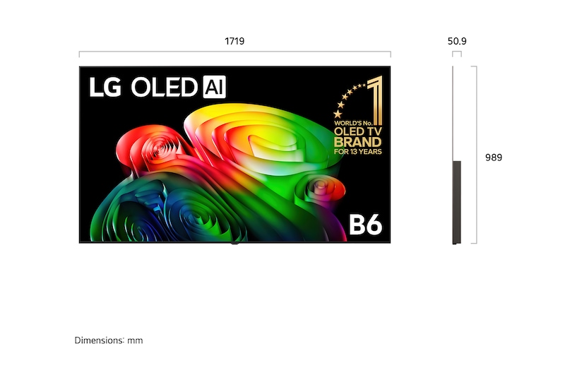LG OLED AI B6 shown in front and side views highlights a 65-inch display with a 1449 mm-wide screen, an overall height of 832 mm, and an ultra-slim 45.9 mm depth without a stand.