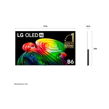 LG OLED AI B6 shown in front and side views highlights a 65-inch display with a 1449 mm-wide screen, an overall height of 832 mm, and an ultra-slim 45.9 mm depth without a stand.