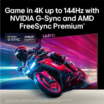 LG OLED AI B6 compares 144Hz vs 60Hz in a motorcycle racing game, showing the 144Hz panel as ultra-smooth and tear-free. NVIDIA G-SYNC and AMD FreeSync Premium logos appear at top left.
