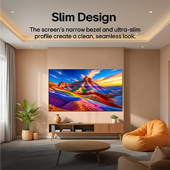 LG OLED AI B6 is wall-mounted in a styled living space, featuring an ultra-slim design with narrow bezels, and it displays a rainbow-toned landscape with layered mountain forms on screen.