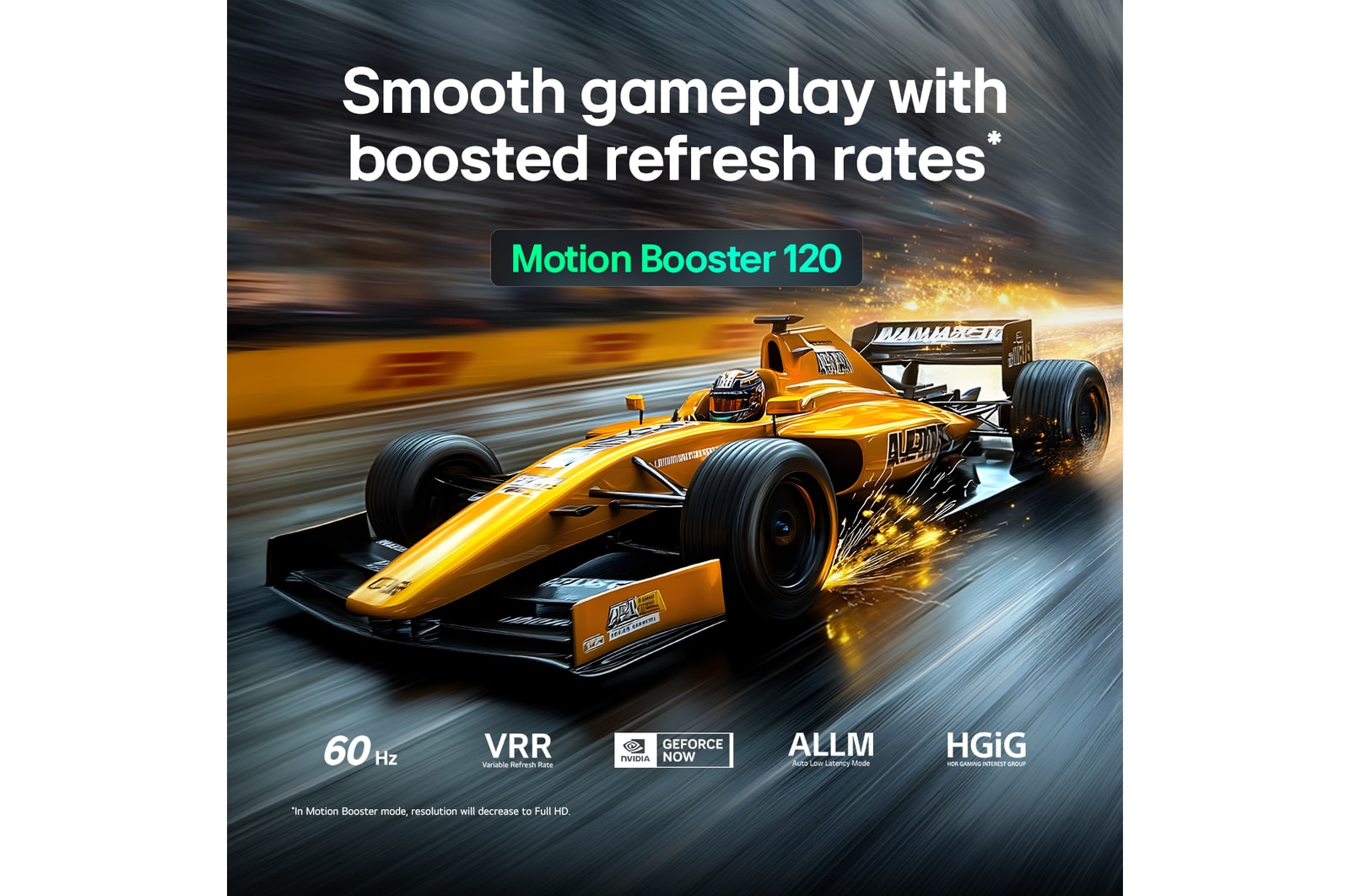 LG QNED evo AI QNED80 Mini LED for Ultimate Gameplay shows a high-speed racing scene with a comparison inset highlighting smoother motion through Motion Booster 120, while supporting 60Hz, VRR, AMD FreeSync, ALLM, HGiG, and GeForce NOW.