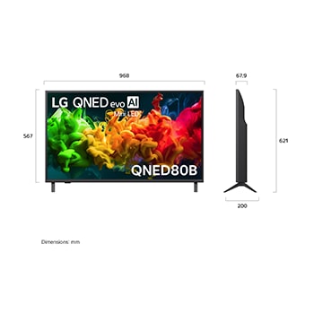 LG QNED evo AI QNED80 Mini LED shown in front and side views highlights a 65-inch display with a 1455 mm-wide screen, 841 mm screen height, 904 mm height with stand, a 67.9 mm profile depth, and a stand footprint measuring 1217 by 269 mm.