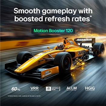 LG QNED evo AI QNED80 Mini LED for Ultimate Gameplay shows a high-speed racing scene with a comparison inset highlighting smoother motion through Motion Booster 120, while supporting 60Hz, VRR, AMD FreeSync, ALLM, HGiG, and GeForce NOW.