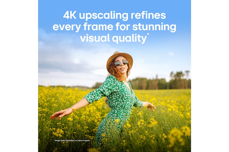 LG QNED evo AI QNED80 Mini LED with 4K Super Upscaling and Dynamic Tone Mapping shows a low-angle outdoor scene of a man between colorful buildings, as AI recognizes the scene and upscales each frame to 4K resolution.