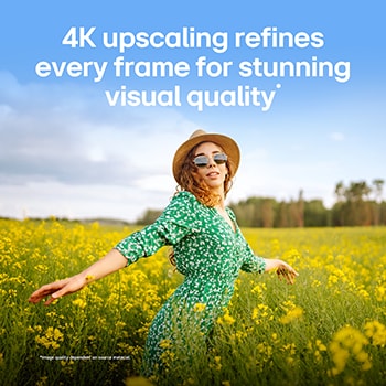 LG QNED evo AI QNED80 Mini LED with 4K Super Upscaling and Dynamic Tone Mapping shows a low-angle outdoor scene of a man between colorful buildings, as AI recognizes the scene and upscales each frame to 4K resolution.