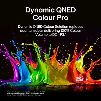 LG QNED evo AI QNED80 Mini LED with Dynamic QNED Color Pro fills the screen with vivid, fluid bursts of multicolored, paint-like motion, showcasing enhanced color vibrancy certified for 100% Color Volume.