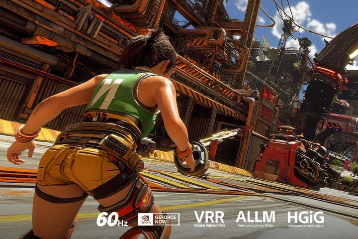 LG QNED evo AI QNED80 Mini LED for Ultimate Gameplay shows a fast-paced action game scene with a comparison inset highlighting smoother motion, while supporting 60Hz, VRR, AMD FreeSync, ALLM, HGiG, and GeForce NOW.