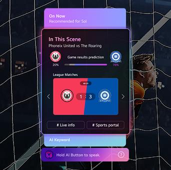LG QNED evo AI QNED85 Mini LED delivers a dynamic sports experience on a clear screen, with AI-driven panels displaying predictions, player insights, and league data as gameplay is analyzed in real time.