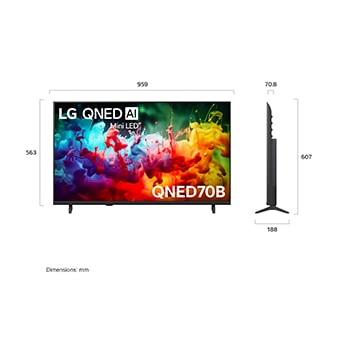 LG QNED AI QNED70 Mini LED shown in front and side views highlights a 65-inch display with a 1447 mm-wide screen, 838 mm screen height, 901 mm height with stand, a 70.8 mm profile depth, and a stand footprint measuring 1185 by 269 mm.