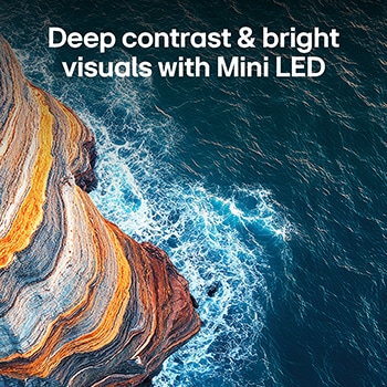 LG QNED AI QNED70 Mini LED highlights how its Mini LED reveals sharper rock textures and clearer ocean detail than conventional LED in a split coastal cliff scene, delivering deeper blacks and more refined contrast for greater clarity and depth.