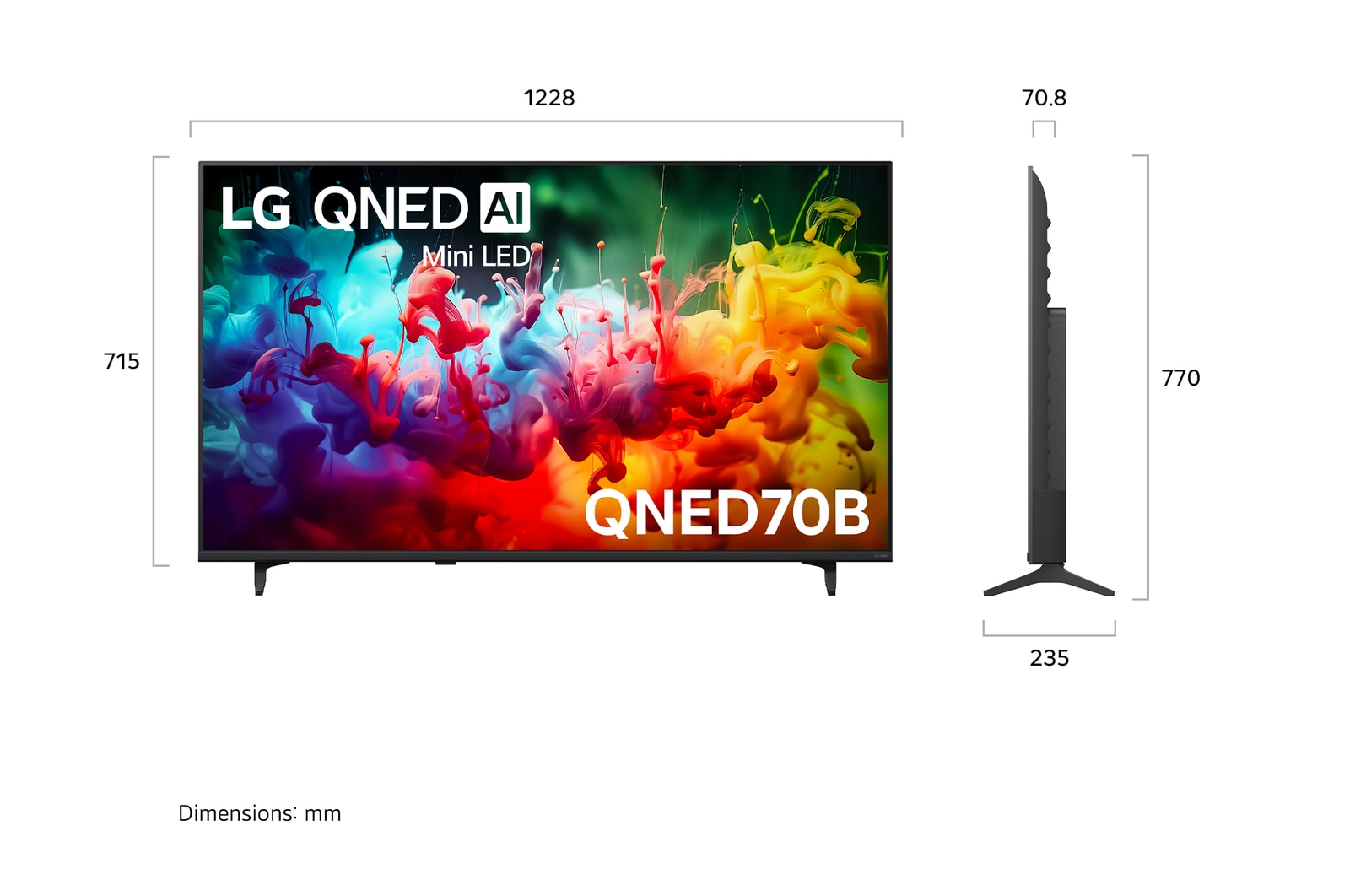 LG QNED AI QNED70 Mini LED shown in front and side views highlights a 65-inch display with a 1447 mm-wide screen, 838 mm screen height, 901 mm height with stand, a 70.8 mm profile depth, and a stand footprint measuring 1185 by 269 mm.