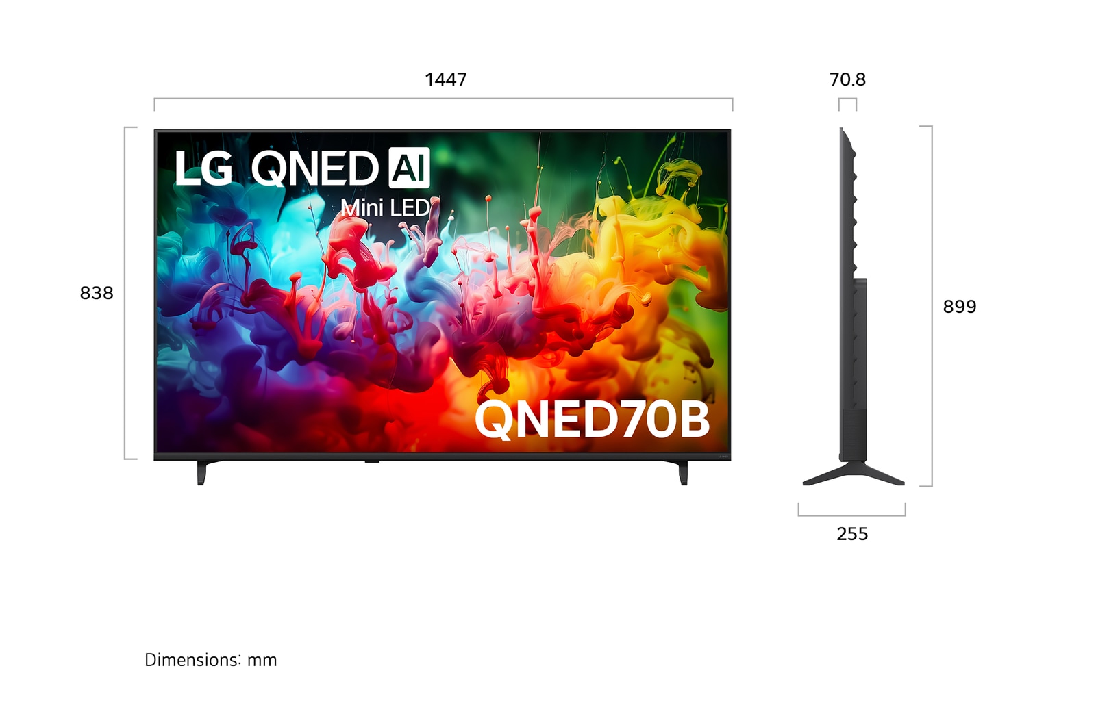LG QNED AI QNED70 Mini LED shown in front and side views highlights a 65-inch display with a 1447 mm-wide screen, 838 mm screen height, 901 mm height with stand, a 70.8 mm profile depth, and a stand footprint measuring 1185 by 269 mm.