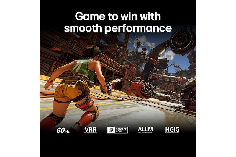 LG QNED AI QNED70 Mini LED for Ultimate Gameplay shows a fast-paced action game scene with a comparison inset highlighting smoother motion, while supporting up to 60Hz, VRR, AMD FreeSync, ALLM, HGiG, and GeForce NOW.