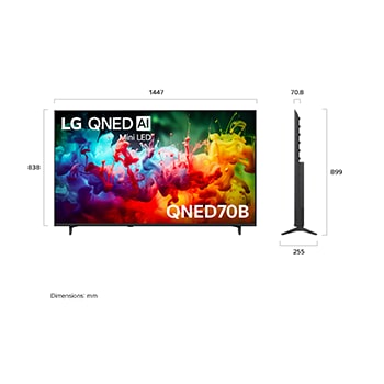 LG QNED AI QNED70 Mini LED shown in front and side views highlights a 65-inch display with a 1447 mm-wide screen, 838 mm screen height, 901 mm height with stand, a 70.8 mm profile depth, and a stand footprint measuring 1185 by 269 mm.