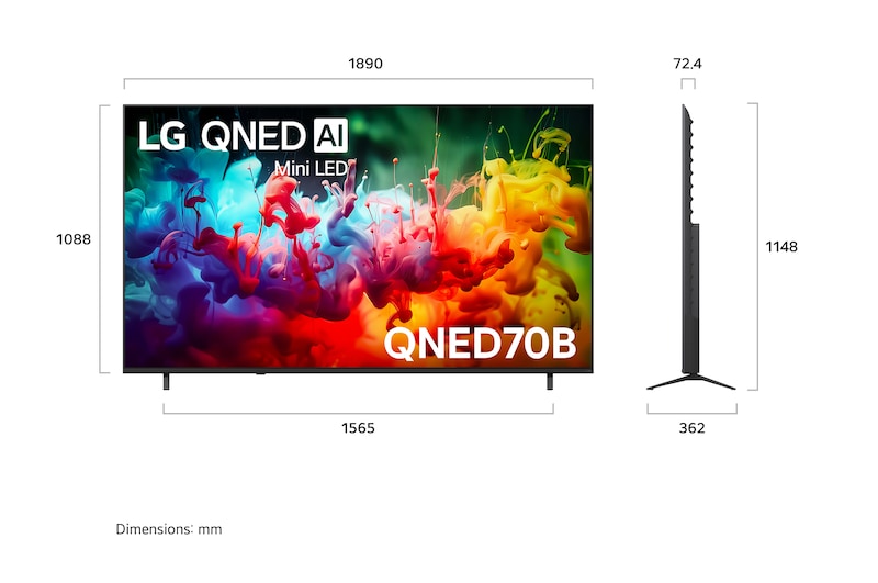 LG QNED AI QNED70 Mini LED shown in front and side views highlights an 85-inch display with a 1890 mm-wide screen, 1088 mm screen height, 1148 mm height with stand, a 72.4 mm profile depth, and a stand footprint measuring 1565 by 362 mm.