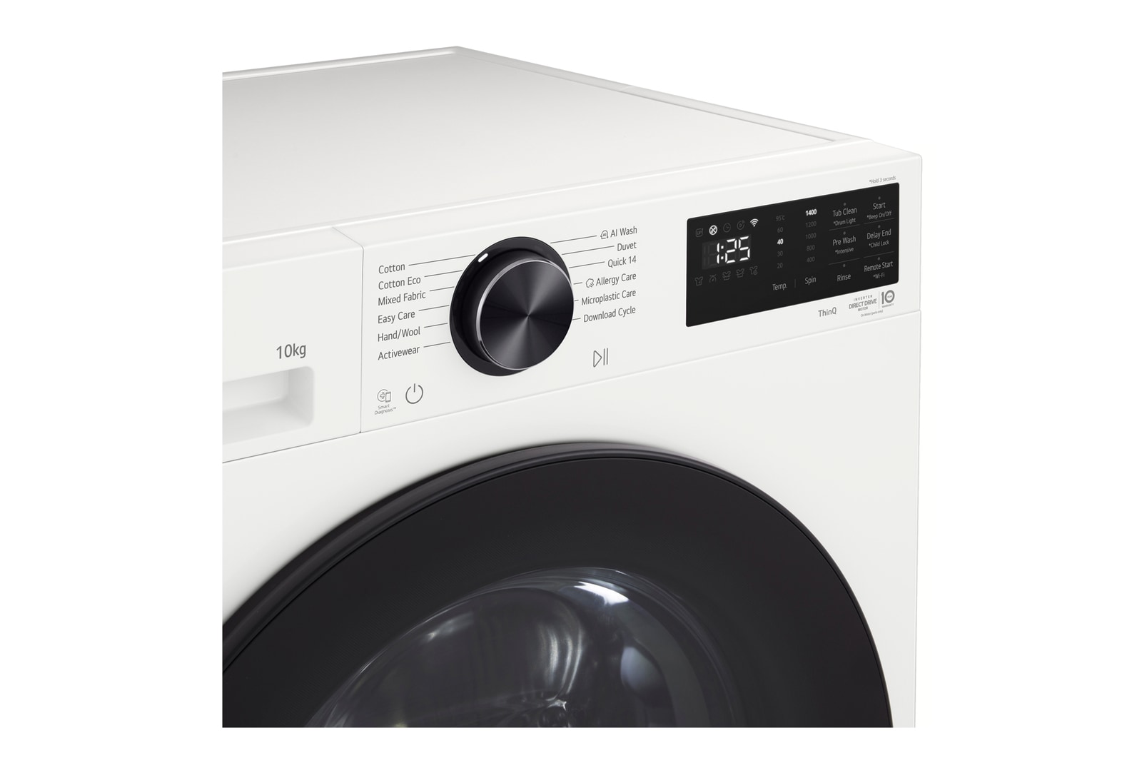 LG Series 3 Front Load Washing Machine right angled close up with door open showing stainless steel drum interior