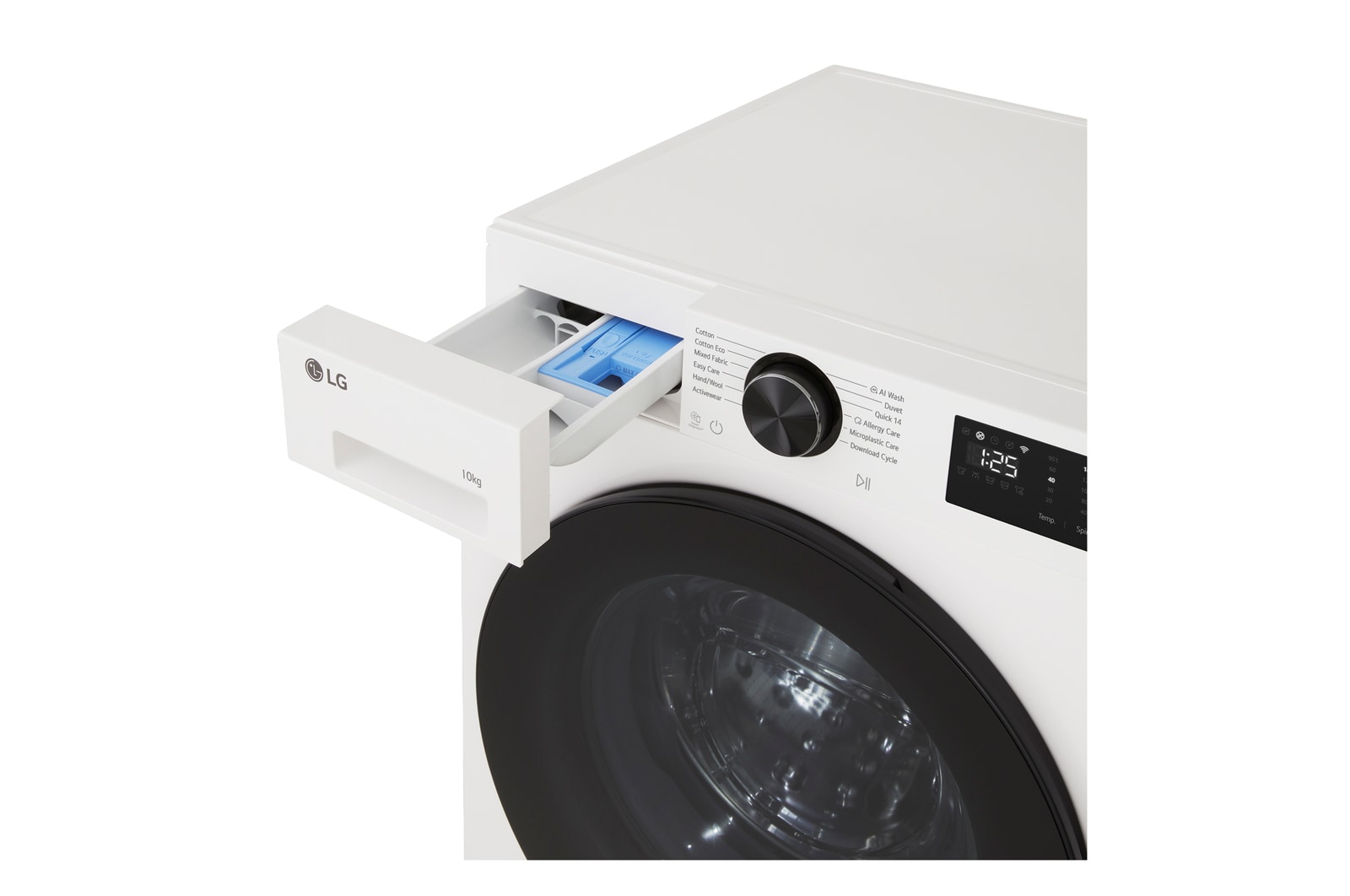 LG Series 3 Front Load Washing Machine right angled top overhead detergent drawer pulled open showing detergent and softener compartments in a front load washer unit