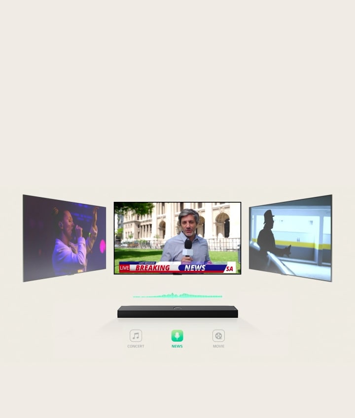 Una LG Soundbar tiene tres pantallas de TV diferentes encima. La que está directamente arriba muestra a un locutor de noticias filmando una transmisión de noticias de última hora afuera de un edificio ornamentado. La TV del lado derecho muestra una imagen fija de una película de acción con un hombre en la sombra. La TV del lado izquierdo muestra a una cantante en concierto. Entre la TV y la soundbar, hay un diagrama menta de una onda de sonido.