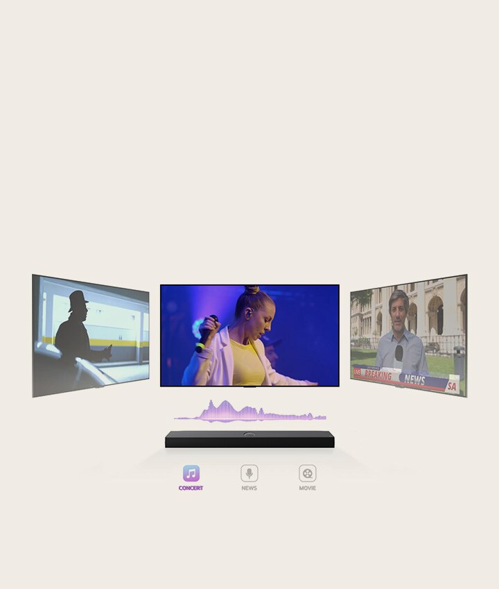 Una LG Soundbar tiene tres pantallas de TV diferentes encima. La que está directamente arriba muestra a una cantante en concierto. La TV del lado derecho muestra a un presentador de noticias filmando una transmisión de última hora afuera de un edificio ornamentado. La TV del lado izquierdo muestra una imagen fija de una película de acción con un hombre en la sombra. Entre la TV y la soundbar, hay un diagrama violeta de una onda de sonido.