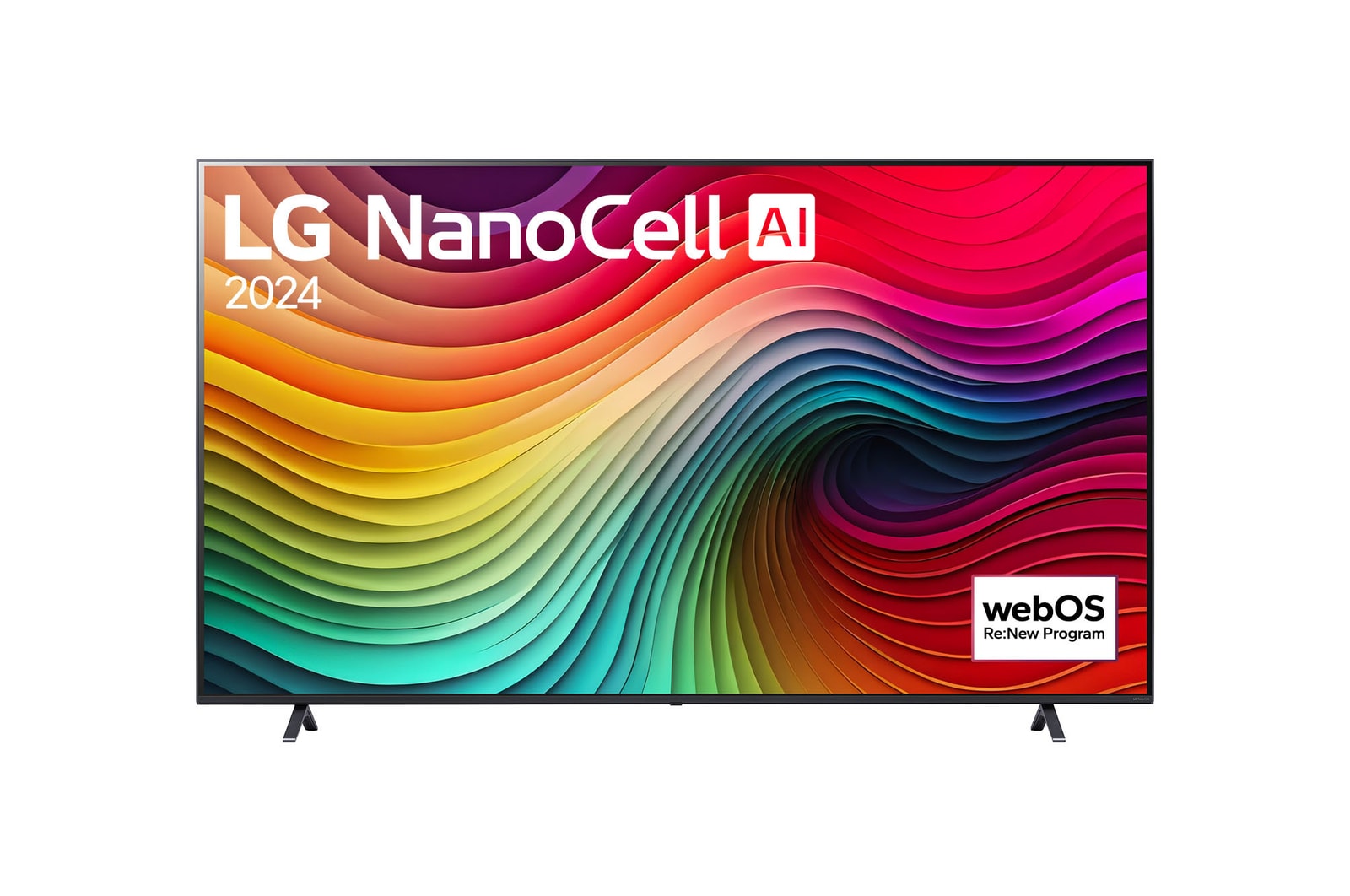 Front view of LG NanoCell TV, NANO80 with text of LG NanoCell, 2024, and webOS Re:New Program logo on screen