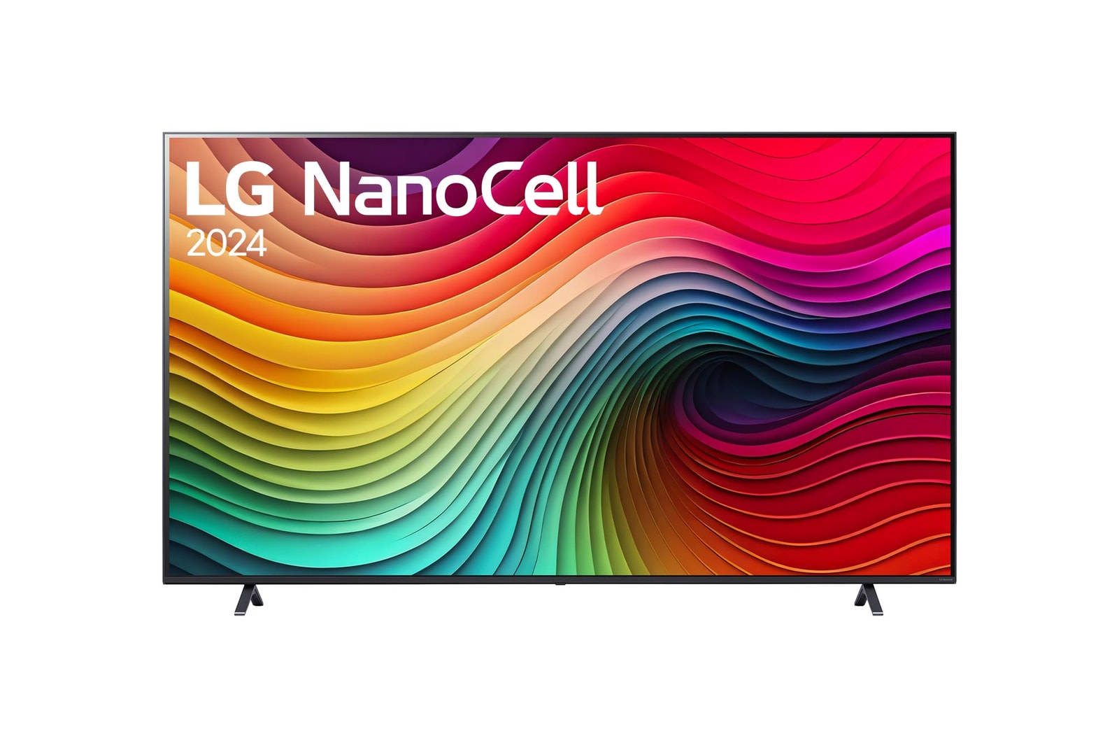Front view of LG NanoCell TV, NANO80 with text of LG NanoCell, 2024, and webOS Re:New Program logo on screen