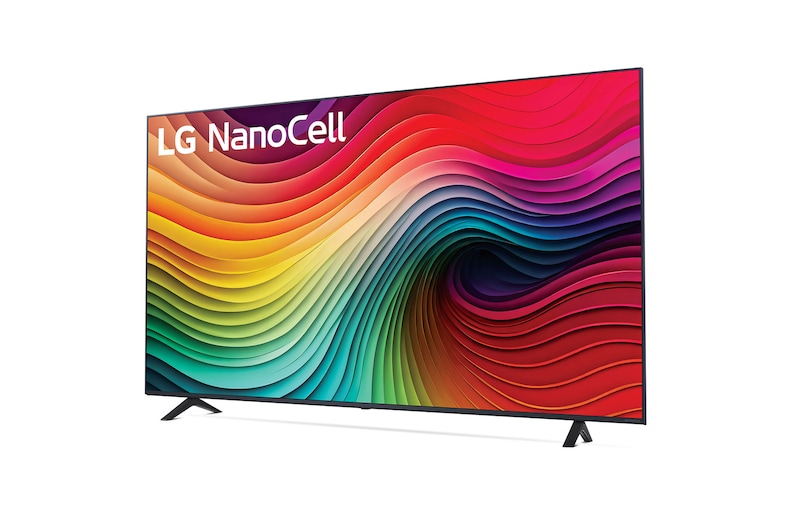 Slightly-angled right-facing side view of LG NanoCell TV, NANO80
