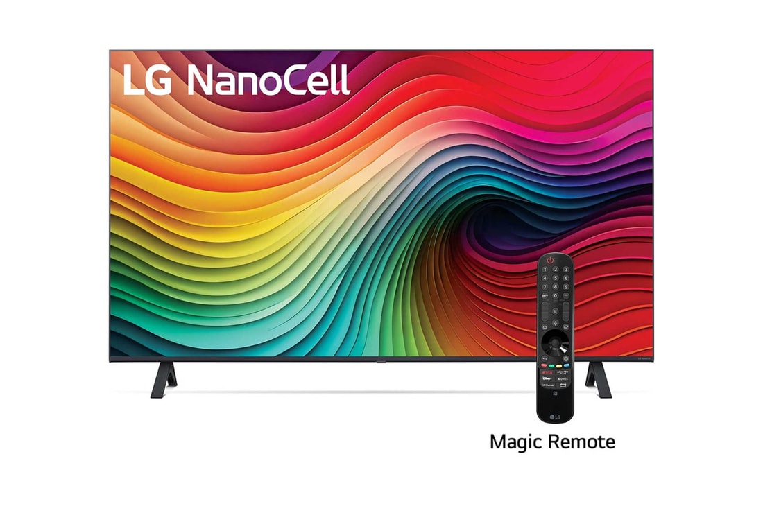 Front view of LG NanoCell TV, NANO80 with text of LG NanoCell, 2024, and webOS Re:New Program logo on screen