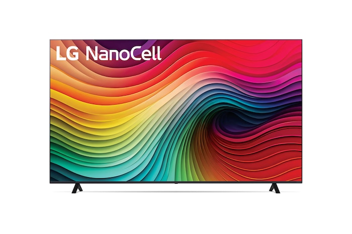 Front view of LG NanoCell TV, NANO80 with text of LG NanoCell, 2024, and webOS Re:New Program logo on screen