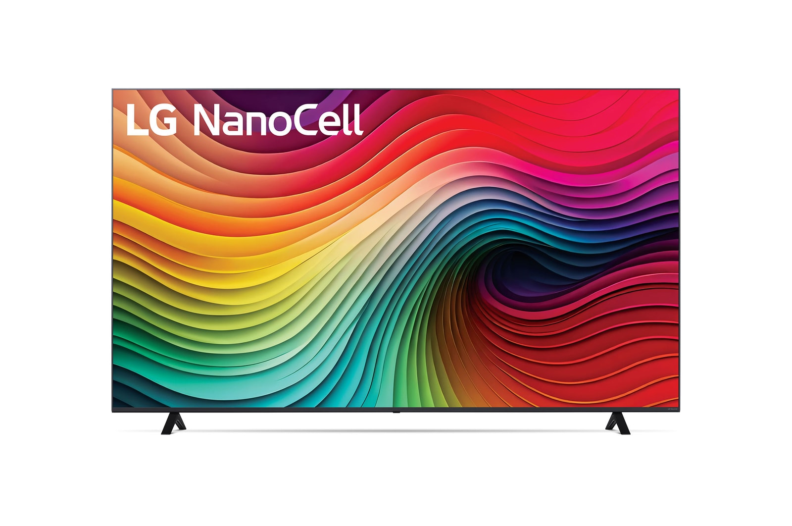 Front view of LG NanoCell TV, NANO80 with text of LG NanoCell, 2024, and webOS Re:New Program logo on screen