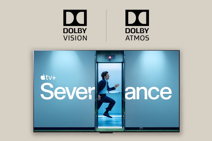 Miniatura del programa de televisión Severance con el logotipo de Dolby Vision a la izquierda y Dolby Atmos a la derecha.