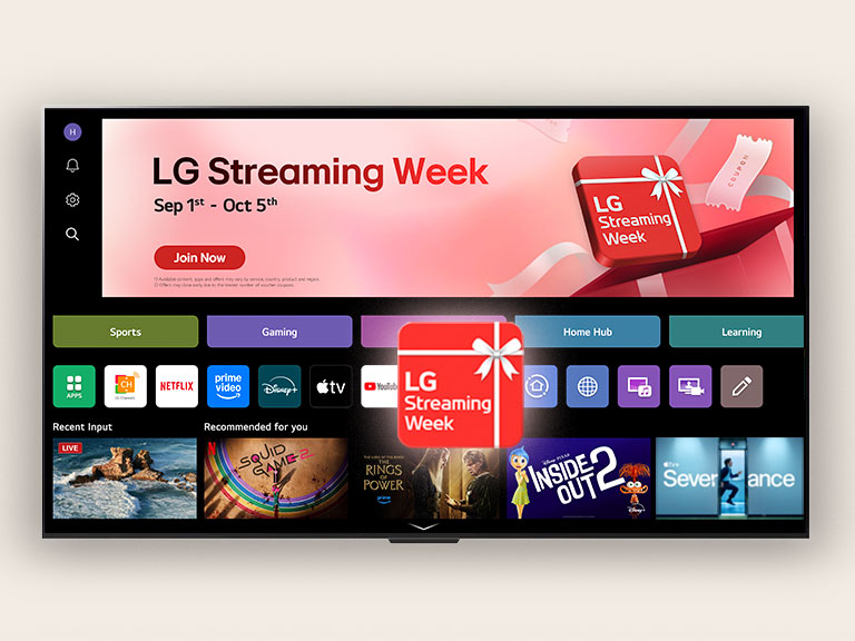 La pantalla de inicio de LG webOS muestra un recuadro rojo con el texto “LG Streaming Week”