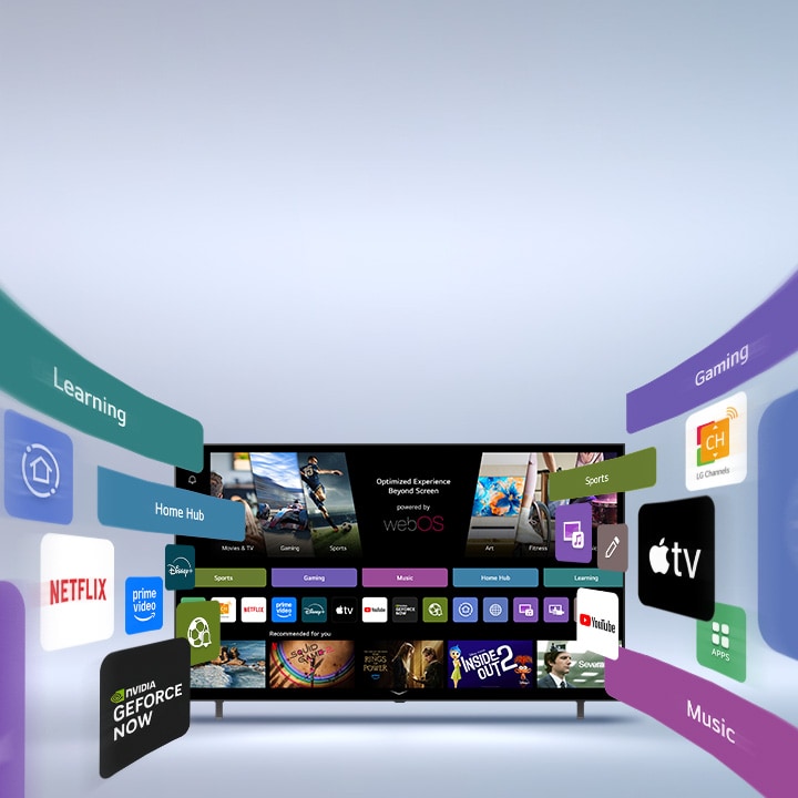 'LG Smart TV mostrando la pantalla de inicio de webOS con aplicaciones de entretenimiento y elementos de interfaz de usuario de LG Channels que se extienden dinámicamente hacia fuera, destacando más de 4000 aplicaciones y canales globales.