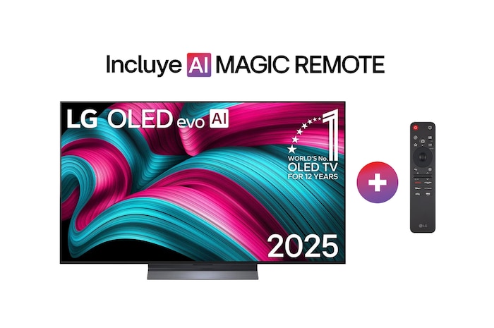 Vista de frente de la Smart TV LG OLED evo AI C5 4K. El emblema “OLED, número 1 del mundo durante 12 años” y el logotipo de LG OLED evo AI 2025 aparecen en la pantalla.