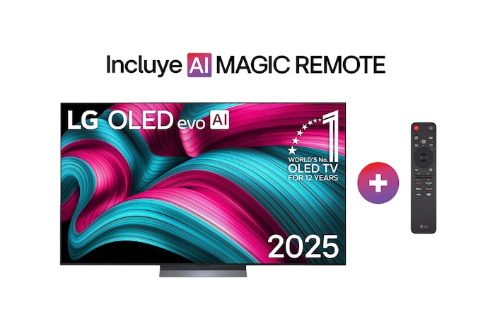 Vista de frente de la Smart TV LG OLED evo AI C5 4K. El emblema “OLED, número 1 del mundo durante 12 años” y el logotipo de LG OLED evo AI 2025 aparecen en la pantalla.