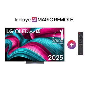 Vista de frente de la Smart TV LG OLED evo AI C5 4K. El emblema “OLED, número 1 del mundo durante 12 años” y el logotipo de LG OLED evo AI 2025 aparecen en la pantalla.