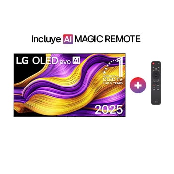 Front view of LG OLED evo AI G5 4K Smart TV. 12 Years of world number 1 OLED emblem and LG OLED evo AI 2025 logo are on the screen.