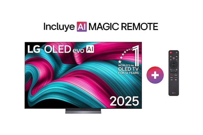 Vista de frente de la Smart TV LG OLED evo AI C5 4K. El emblema “OLED, número 1 del mundo durante 12 años” y el logotipo de LG OLED evo AI 2025 aparecen en la pantalla.