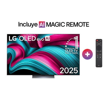 Vista de frente de la Smart TV LG OLED evo AI C5 4K. El emblema “OLED, número 1 del mundo durante 12 años” y el logotipo de LG OLED evo AI 2025 aparecen en la pantalla.