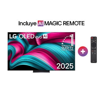 Vista de frente de la Smart TV LG OLED evo AI C5 4K. El emblema “OLED, número 1 del mundo durante 12 años” y el logotipo de LG OLED evo AI 2025 aparecen en la pantalla.