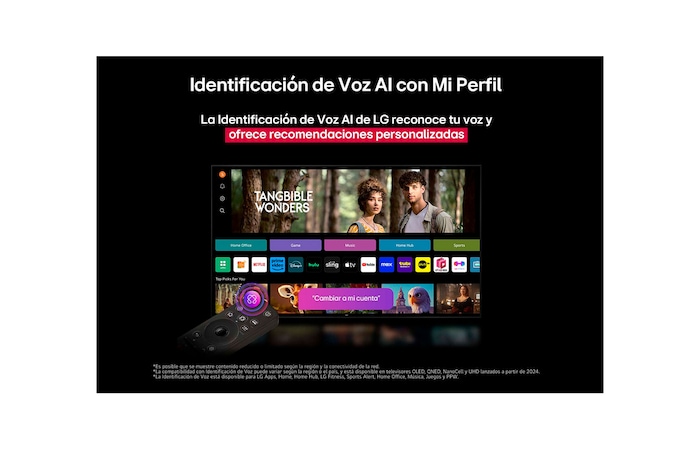 LG TV screen with an AI Magic Remote on the foreground. The AI button is highlighted and a speech bubble shows text, suggest a movie I like. On the screen we see the user icon E, indicating how AI Voice ID was able to identify which user it was and give personalized recommendations just based on their voice.