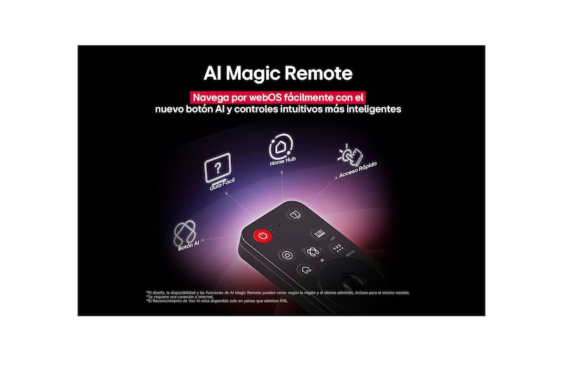 LG AI Magic Remote with the AI button highlighted. Around it are the different functionalities that a user can access from the button. AI Voice ID, AI Search, AI Chatbot, AI Concierge, AI Picture Wizard, AI Sound Wizard. The text explains that the LG AI Magic Remote completes your AI experience with a dedicated AI button and can be used like an air mouse. Just point and click.