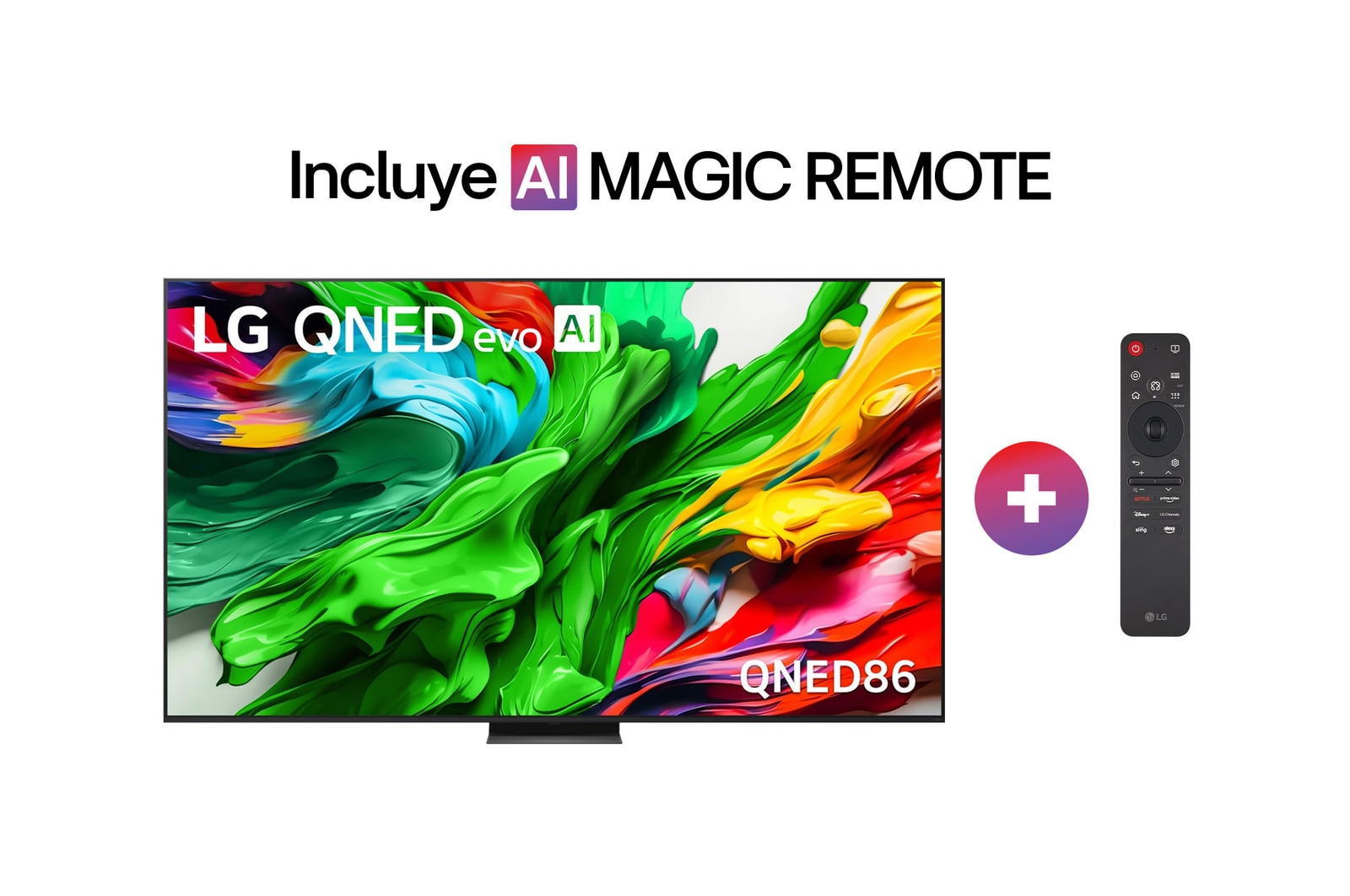 Vista de frente del TV LG QNED evo QNED85, logo de LG QNED evo Al en la esquina superior. El TV LG QNED evo QNED85 muestra texturas coloridas como una pintura que se combinan.