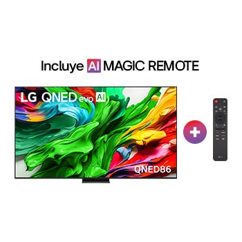 Vista de frente del TV LG QNED evo QNED85, logo de LG QNED evo Al en la esquina superior. El TV LG QNED evo QNED85 muestra texturas coloridas como una pintura que se combinan.