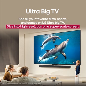 A family sits on a couch facing a LG QNED TV mounted on a wall above a LG Soundbar with a little girl pointing to a screen depicting two dolphins. The title talks about how every action is more thrilling on a massive screen.
