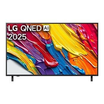Front view of LG QNED82 TV, LG QNED Al Logo on the top corner. LG QNED TV depicts colorful paintike textures coming together.