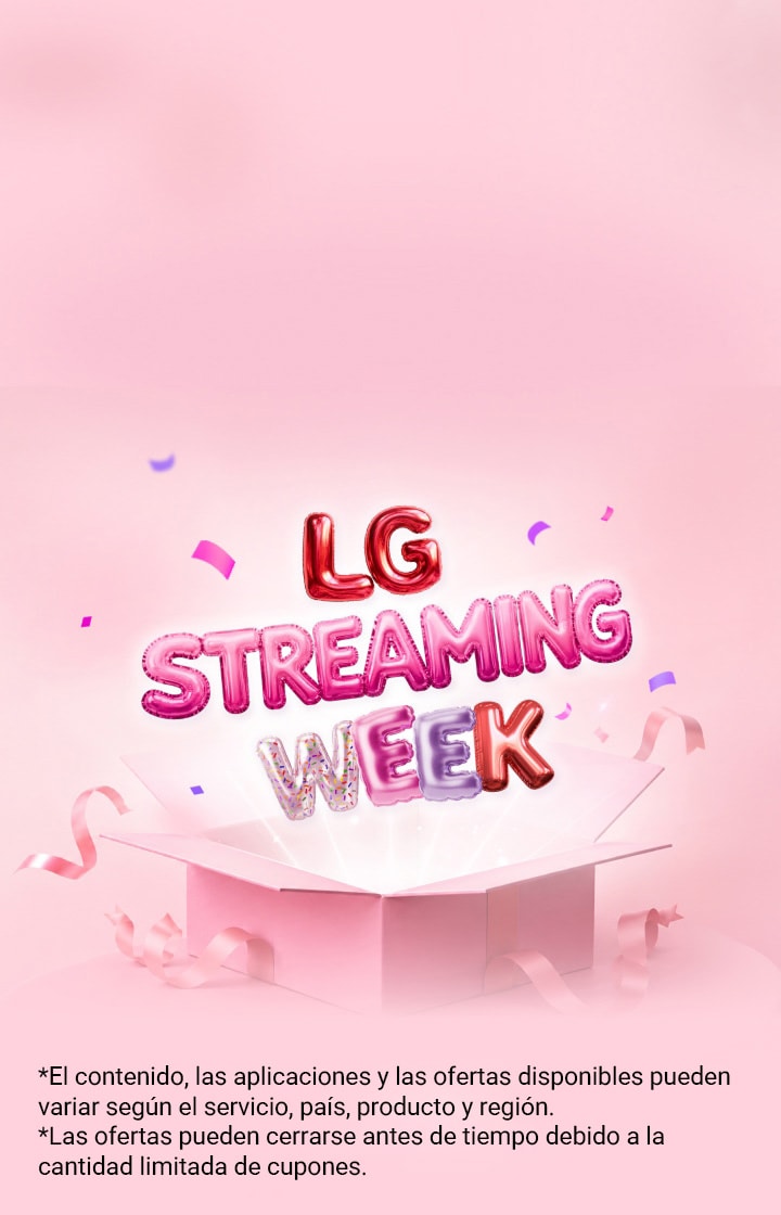 Las coloridas letras estilo globo “LG Streaming Week” surgen de una caja de regalo rosa abierta, rodeada de cintas y confeti sobre un fondo rosa suave.