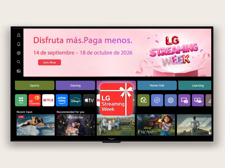 WebOS Home UI que presenta un banner de LG Streaming Week y un ícono de aplicación, con aplicaciones de transmisión y contenido recomendado mostrados en la pantalla.
