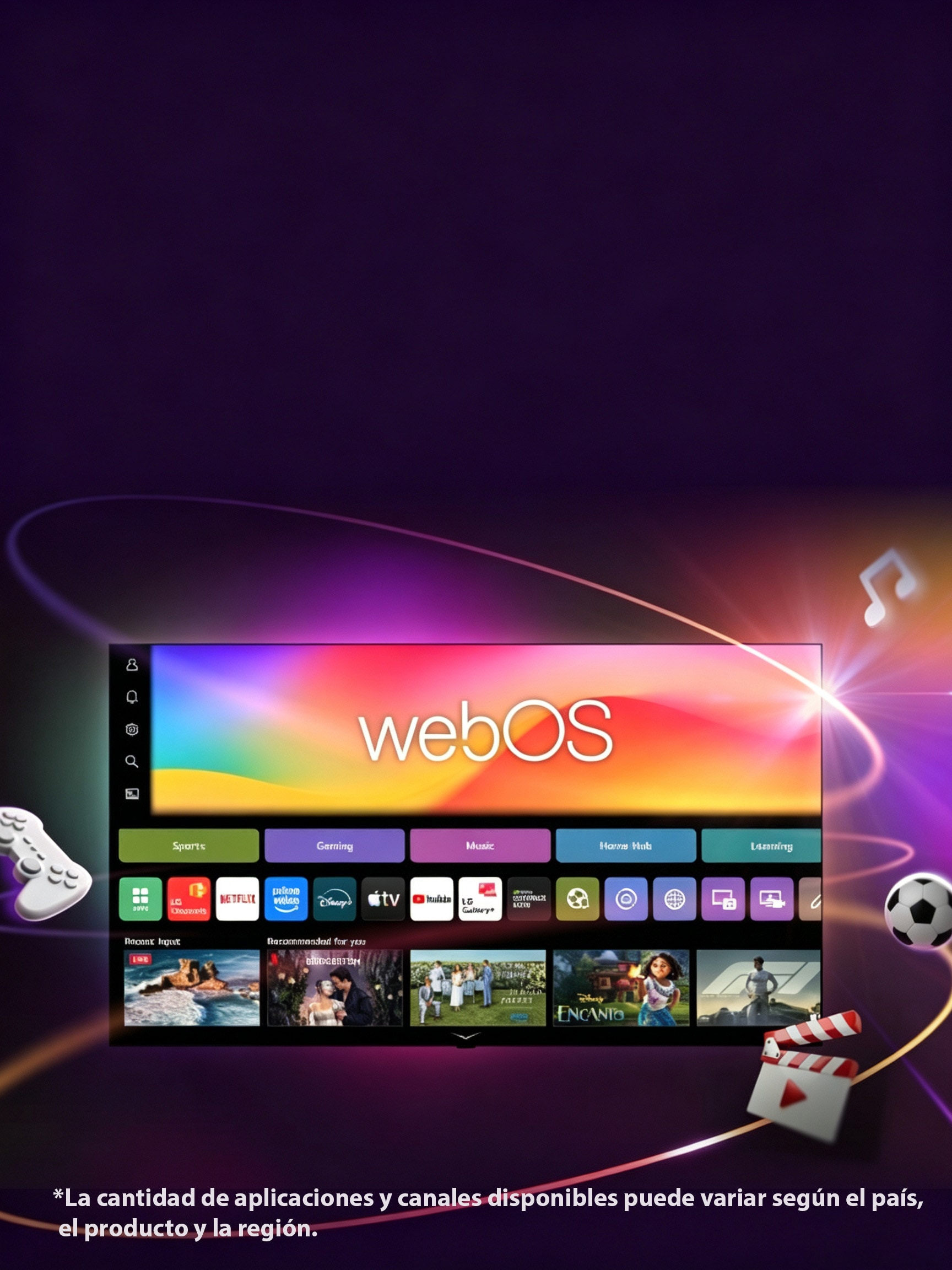 LG Smart TV muestra la pantalla de inicio de webOS con aplicaciones de entretenimiento y elementos de la interfaz de usuario de LG Channels que se expanden dinámicamente hacia afuera, destacando más de 4000 aplicaciones y canales globales.